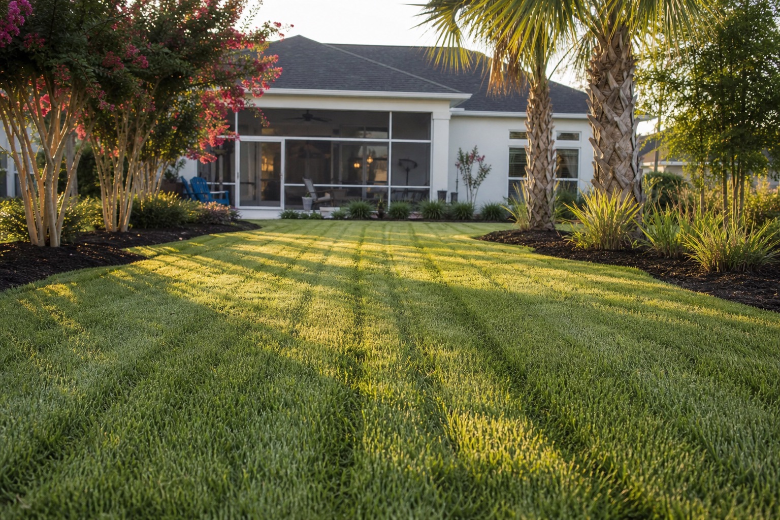 A freshly mowed backyard with crisp light and dark mowing stripes and clean mulched beds at golden hour